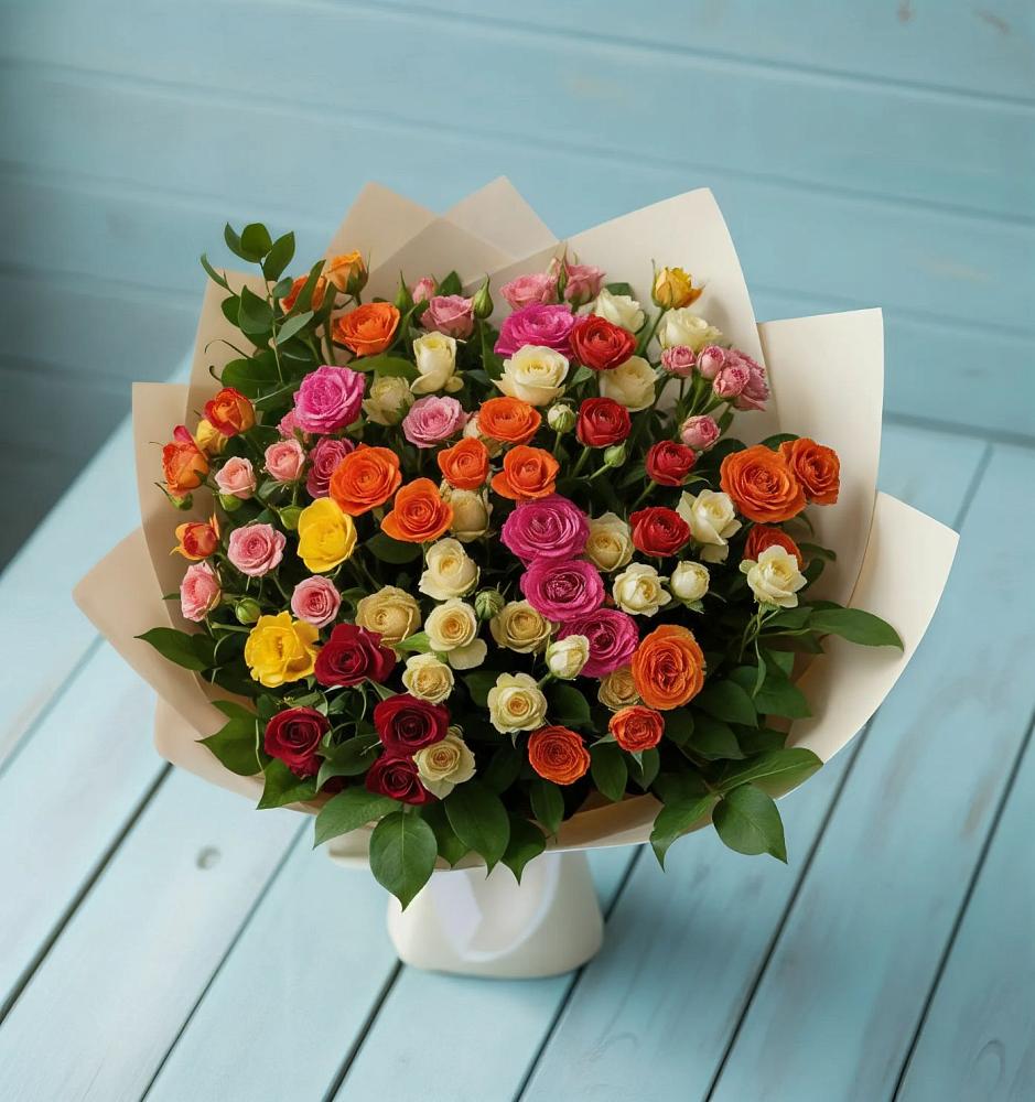 Букет Микс из разноцветных кустовых роз в Прикалаусском
