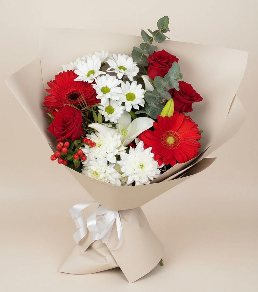 Букет цветов из: Розы, Хризантемы, Герберы и Лилии в Прикалаусском