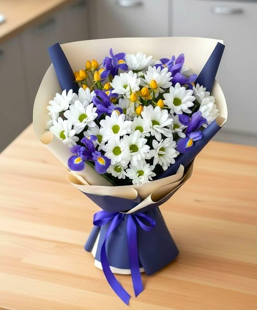 Букет цветов из: Розы, Ирисы и Хризантемы в Прикалаусском